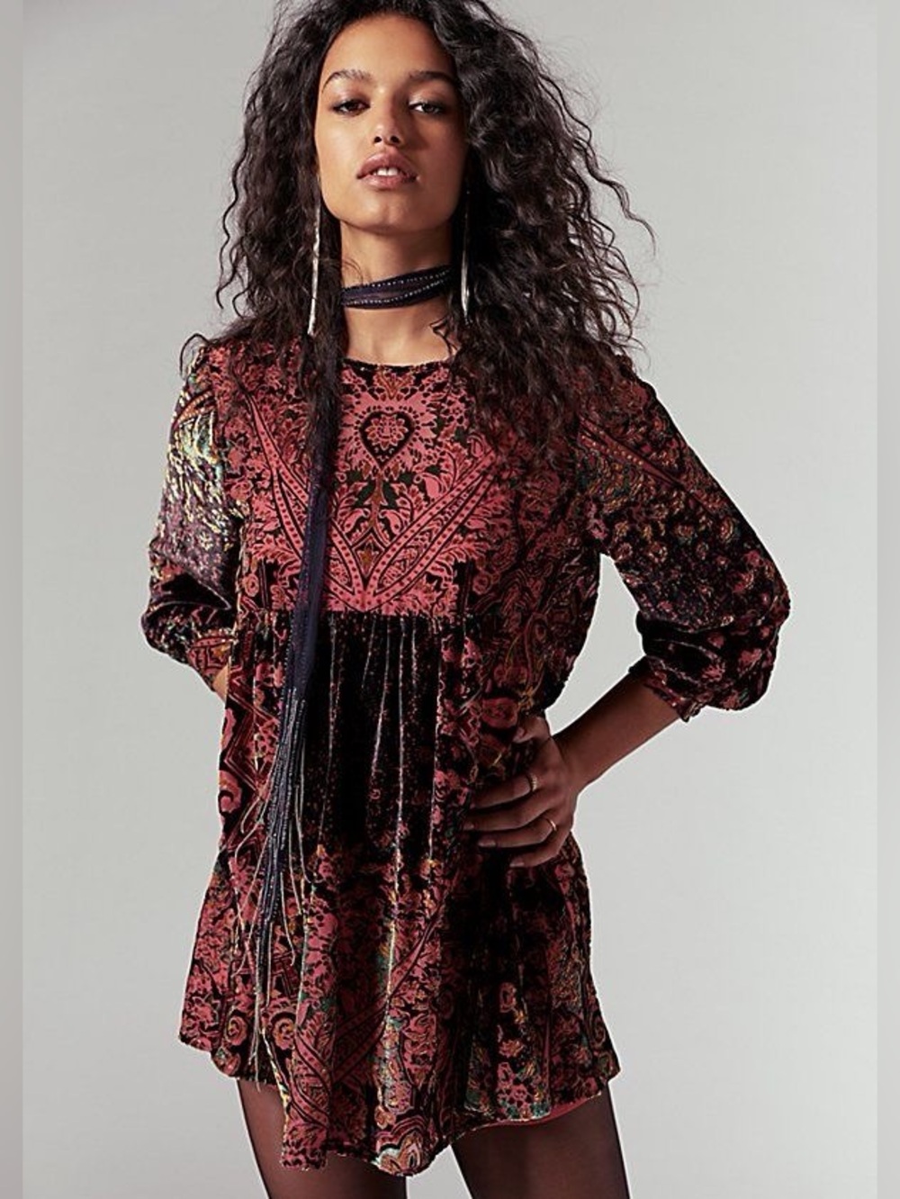 Free People Mirror Mirror Velvet Burnt Red Floral Tunic Dress